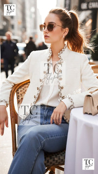 CHANEL 11PF Creme Ivory Gold Gripoix Buttons Wool Jacket Cameron Diaz 34 36 13
