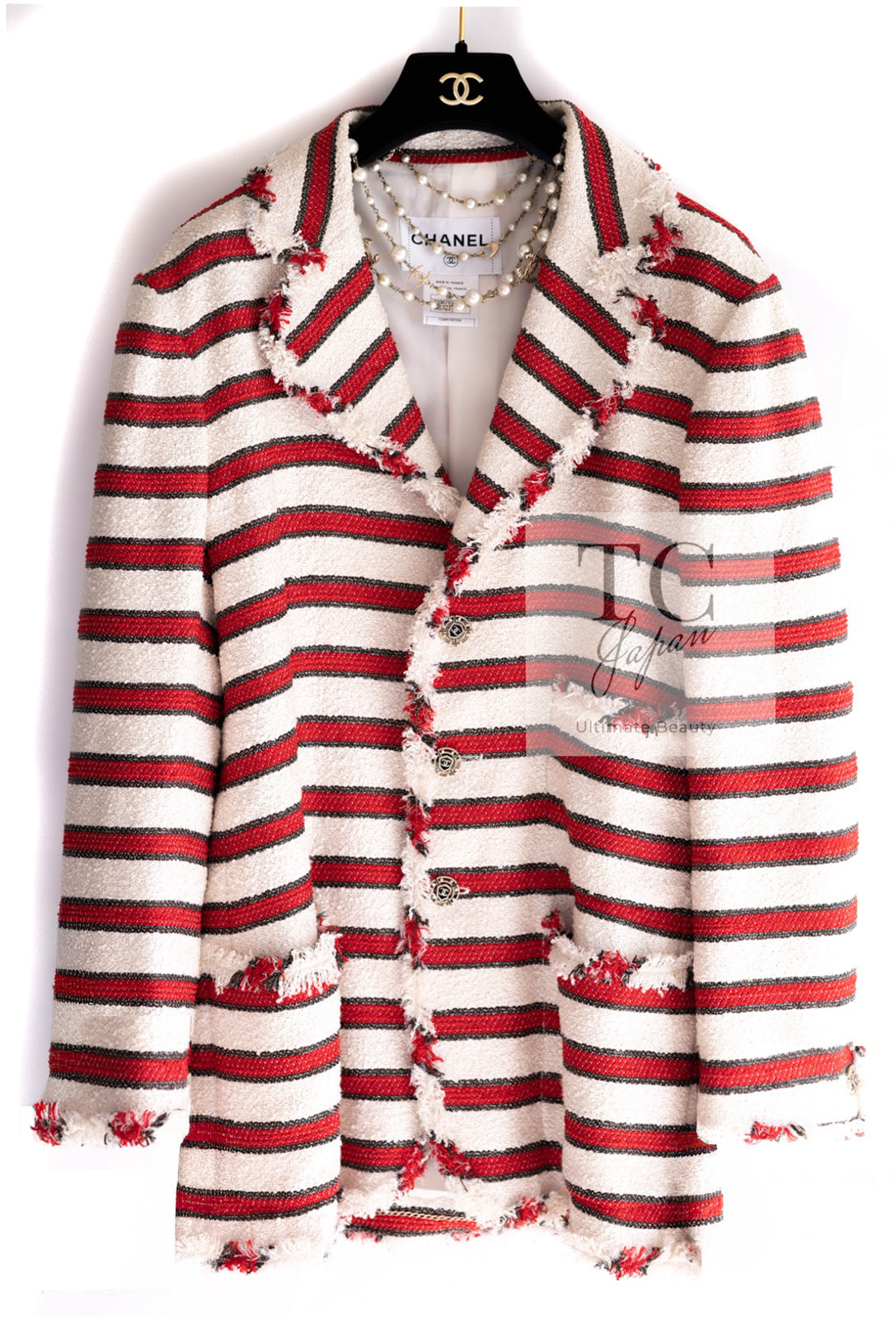 CHANEL 08S White Red Silk Cotton Stripe Border Jacket 50 シャネル ホワイト レッド シルク コットン ストライプ ボーダー ジャケット 即発
