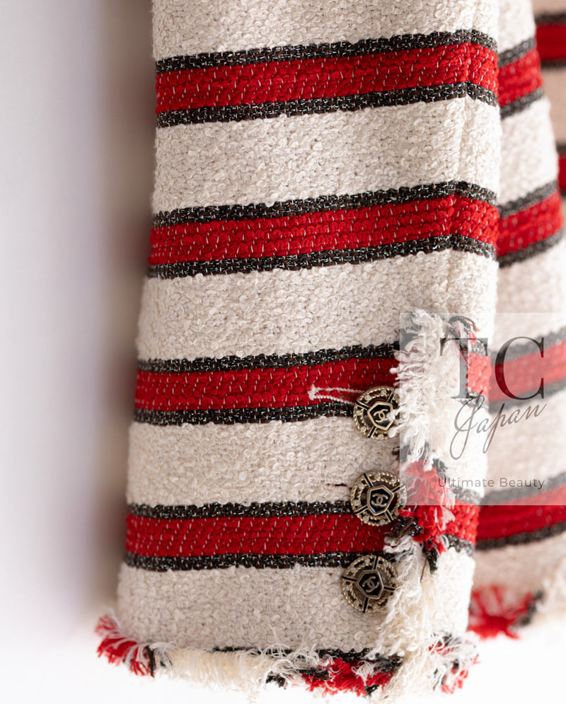 CHANEL 08S White Red Silk Cotton Stripe Border Jacket 50 シャネル ホワイト レッド シルク コットン ストライプ ボーダー ジャケット 即発