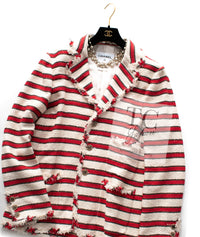 CHANEL 08S White Red Silk Cotton Stripe Border Jacket 50 シャネル ホワイト レッド シルク コットン ストライプ ボーダー ジャケット 即発