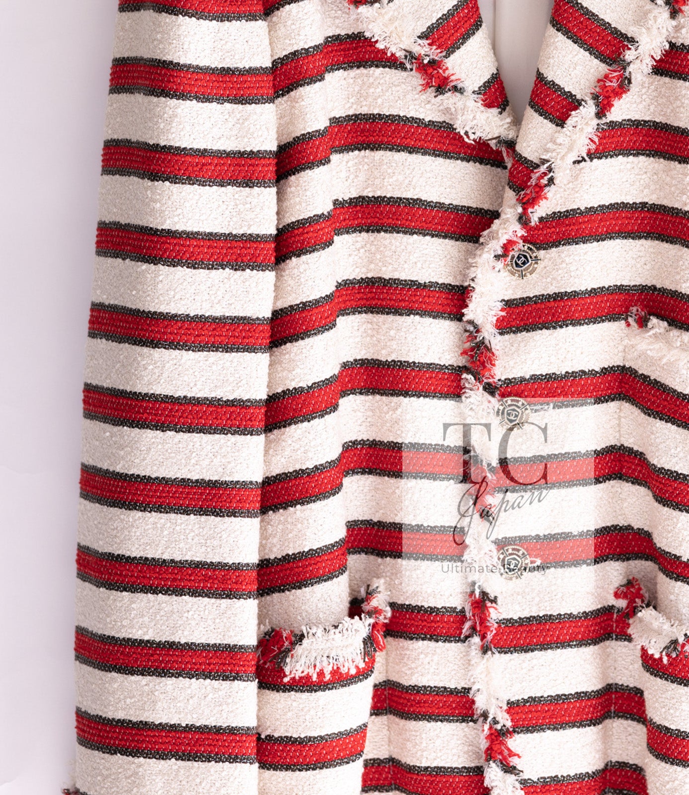CHANEL 08S White Red Silk Cotton Stripe Border Jacket 50 シャネル ホワイト レッド シルク コットン ストライプ ボーダー ジャケット 即発