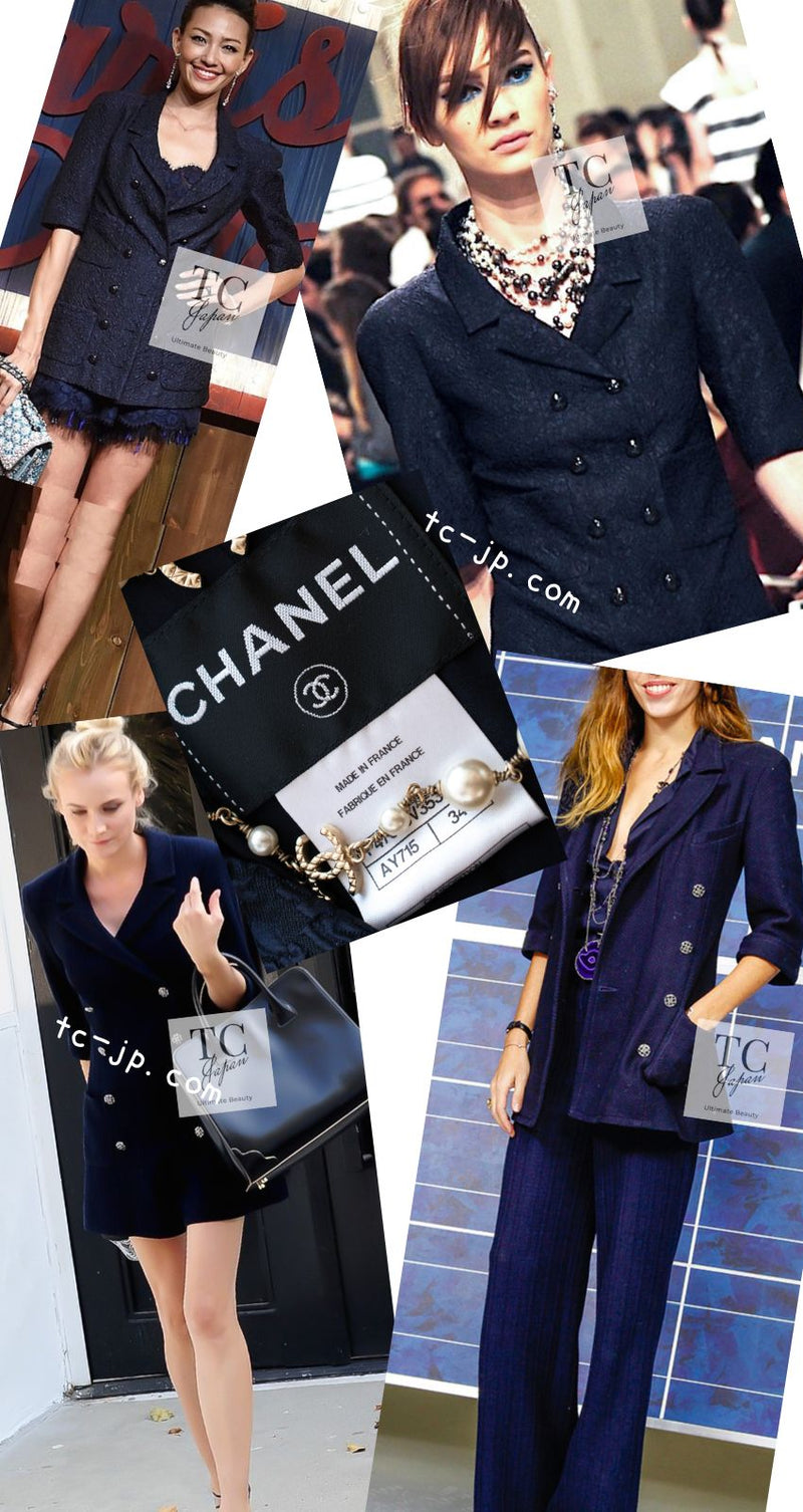 CHANEL 14C Dark Navy Black Camellia Silk Double Jacket 34 シャネル ダークネイビー ブラック カメリア シルク ダブル ジャケット 即発