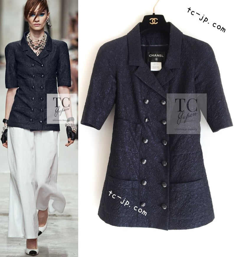 CHANEL 14C Dark Navy Black Camellia Silk Double Jacket 34 シャネル ダークネイビー ブラック カメリア シルク ダブル ジャケット 即発