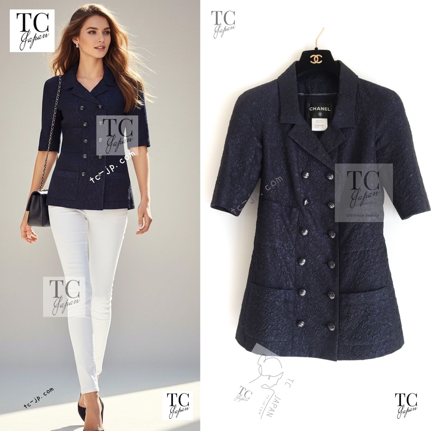 CHANEL 14C Dark Navy Black Camellia Silk Double Jacket 34 シャネル ダークネイビー ブラック カメリア シルク ダブル ジャケット 即発