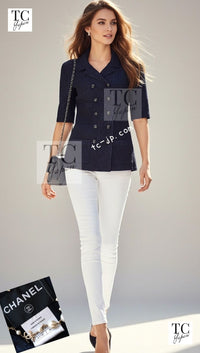 CHANEL 14C Dark Navy Black Camellia Silk Double Jacket 34 シャネル ダークネイビー ブラック カメリア シルク ダブル ジャケット 即発
