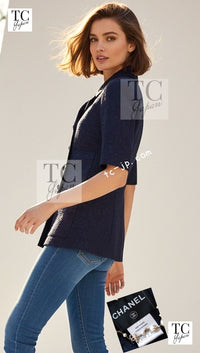 CHANEL 14C Dark Navy Black Camellia Silk Double Jacket 34 シャネル ダークネイビー ブラック カメリア シルク ダブル ジャケット 即発