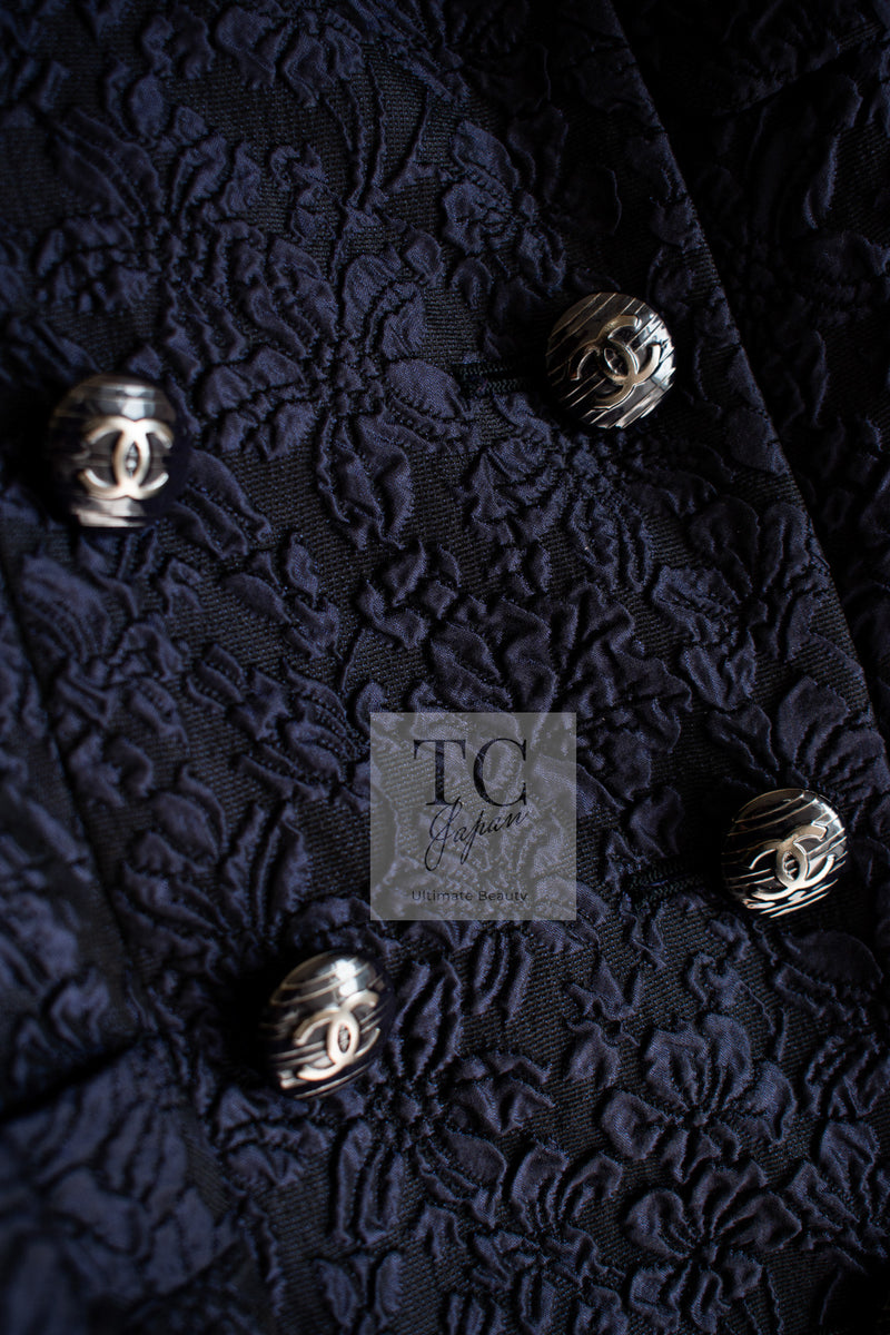 CHANEL 14C Dark Navy Black Camellia Silk Double Jacket 34 シャネル ダークネイビー ブラック カメリア シルク ダブル ジャケット 即発