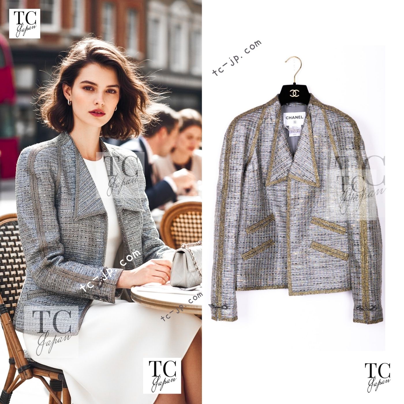 CHANEL 11S grey yellow silver trim crystal women's jacket / シャネル レディース グレー イエロー シルバー トリム クリスタル ジャケット