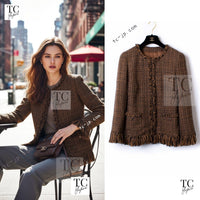 CHANEL 10A brown trim tweed fringe zipper women's jacket / シャネル レディース ブラウン トリム ツイード フリンジ ジッパー ジャケット