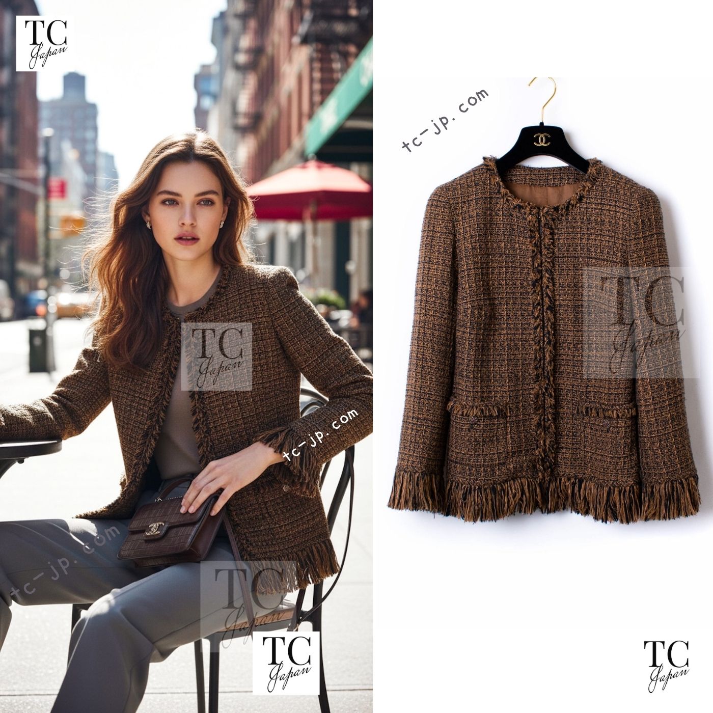 CHANEL 10A brown trim tweed fringe zipper women's jacket / シャネル レディース ブラウン トリム ツイード フリンジ ジッパー ジャケット