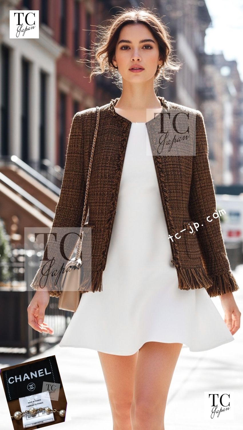 CHANEL 10A brown trim tweed fringe zipper women's jacket / シャネル レディース ブラウン トリム ツイード フリンジ ジッパー ジャケット