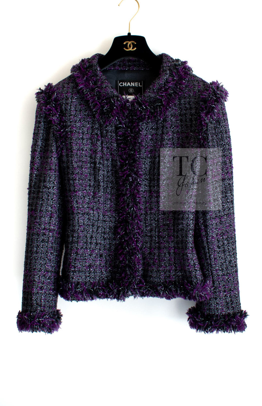 CHANEL 03A Purple Black Metallic Wool Tweed Jacket 38 40 シャネル パープル ブラック ウール ツイード ジャケット 即発
