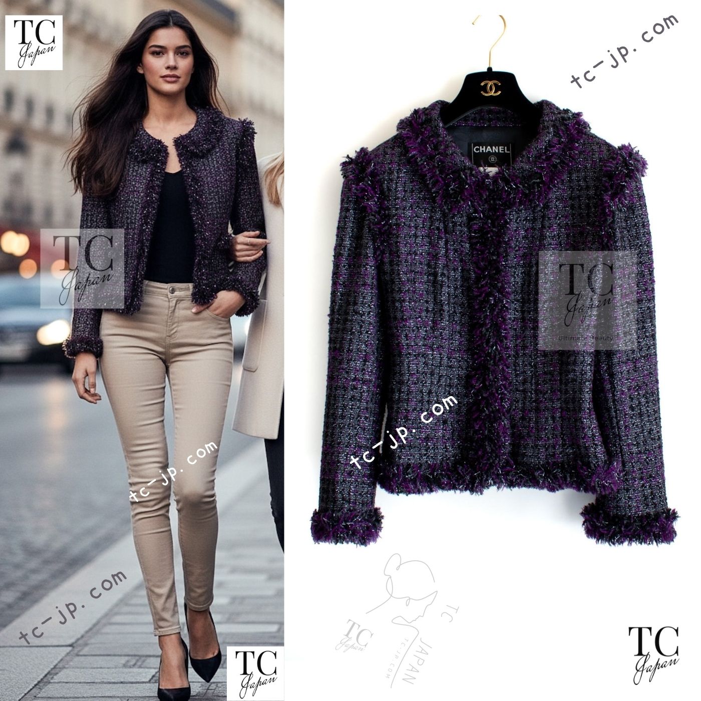 CHANEL 03A Purple Black Metallic Wool Tweed Jacket 38 40 シャネル パープル ブラック ウール ツイード ジャケット 即発