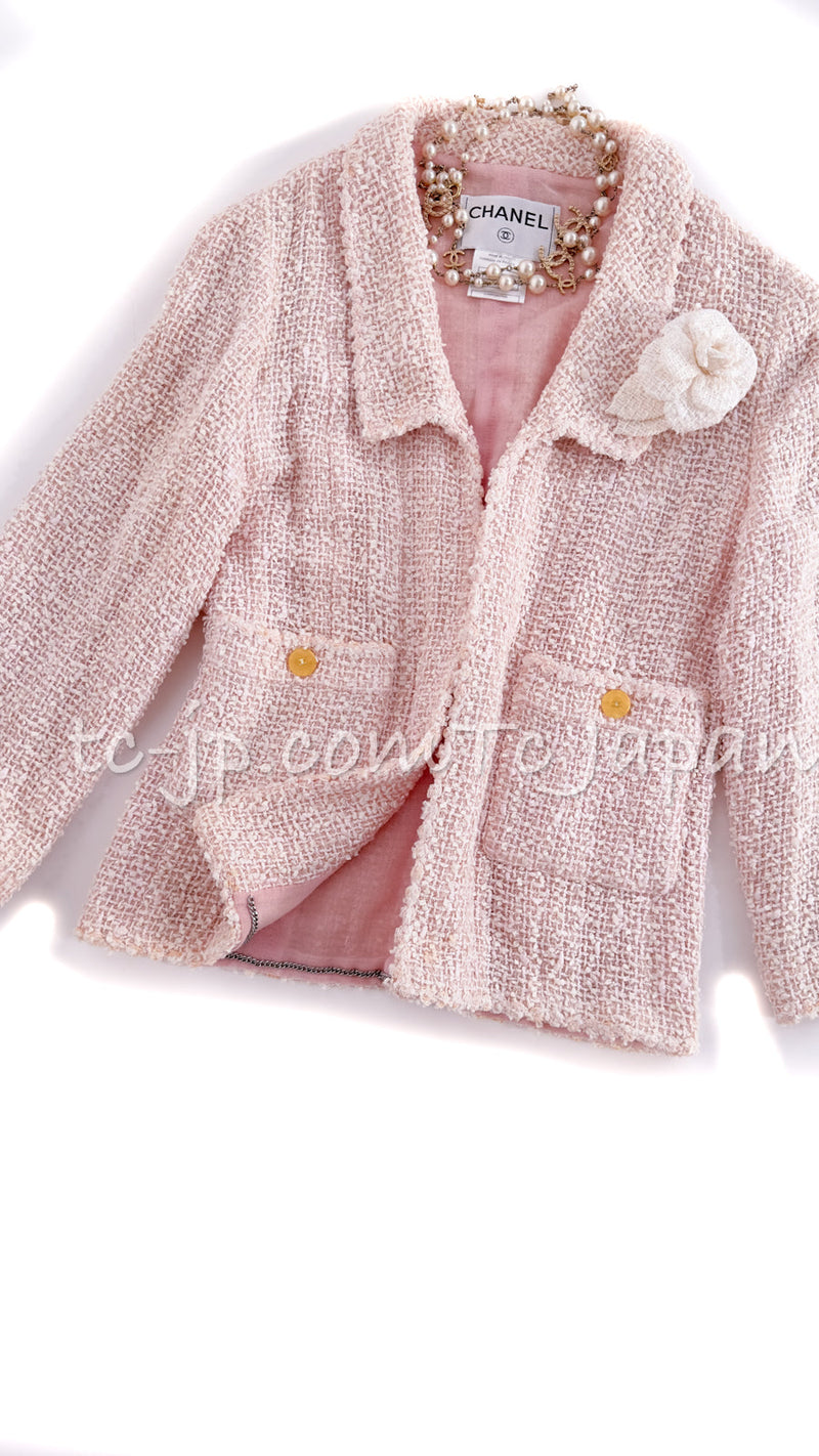 CHANEL 99S Rose Pink White Cotton Wool Tweed Jacket 38 シャネル ローズ ピンク ホワイト コットン ウール ツイード ジャケット 即発
