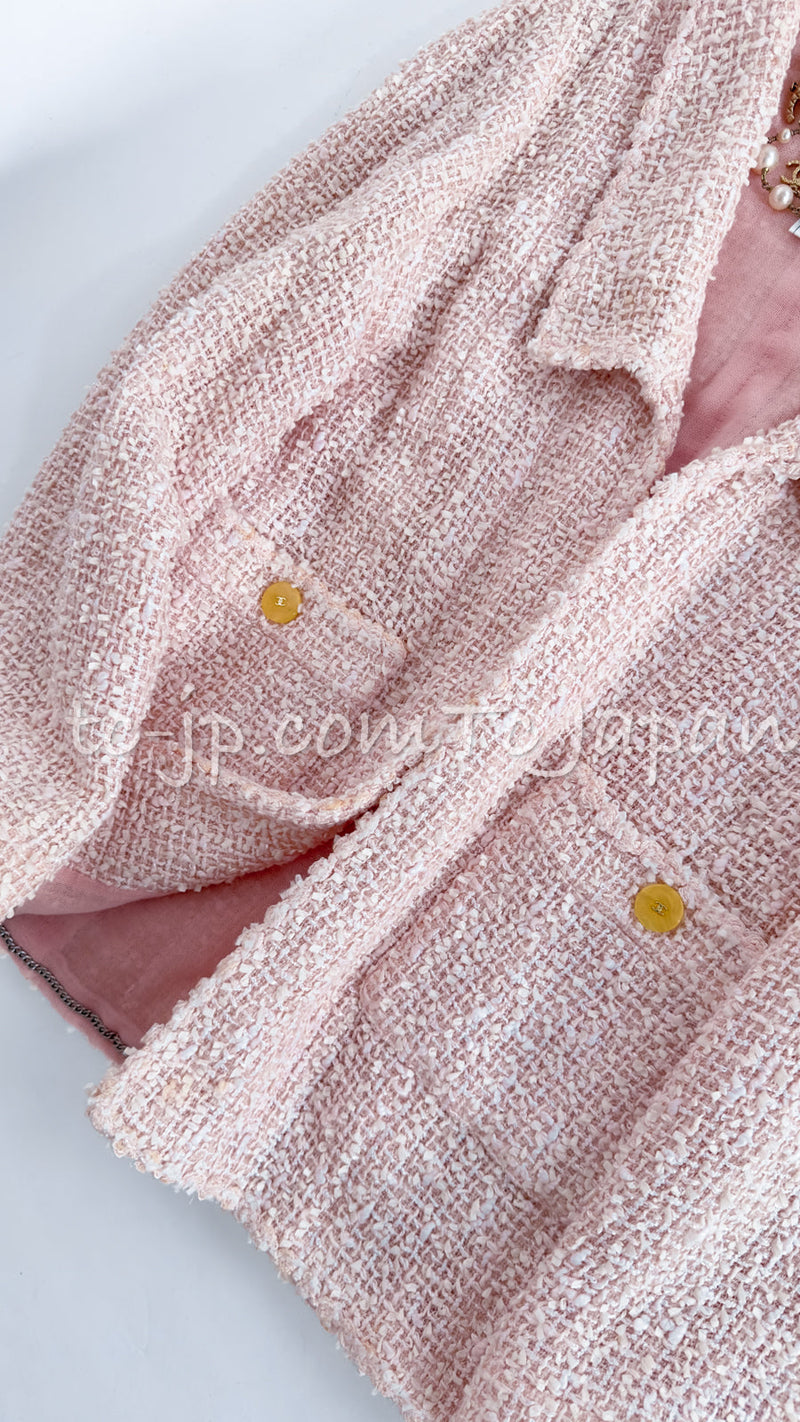 CHANEL 99S Rose Pink White Cotton Wool Tweed Jacket 38 シャネル ローズ ピンク ホワイト コットン ウール ツイード ジャケット 即発