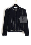 CHANEL 06PF Black Washed Velvet Silver Ribbon Trim Jacket 36 38 シャネル ブラック ベルベット リボン チェーン トリミング ジャケット 即発