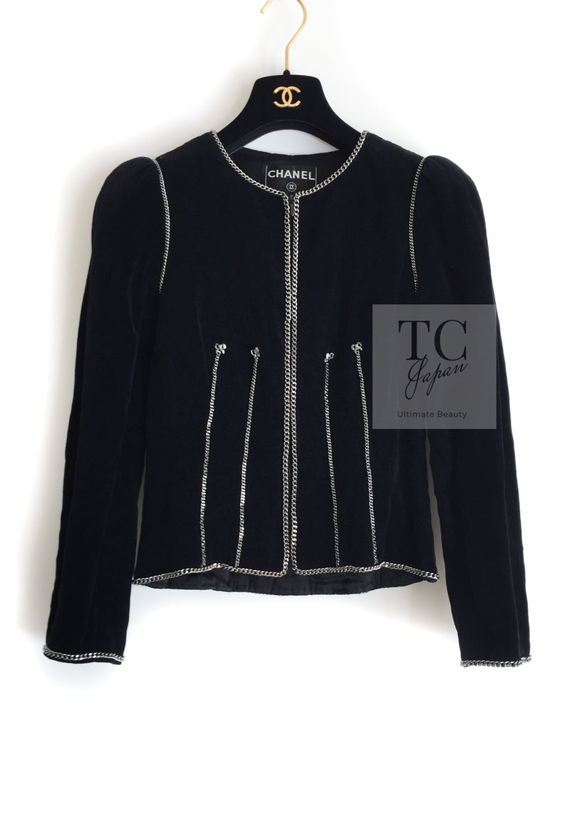 CHANEL 06PF Black Washed Velvet Silver Ribbon Trim Jacket 36 38 シャネル ブラック ベルベット リボン チェーン トリミング ジャケット 即発