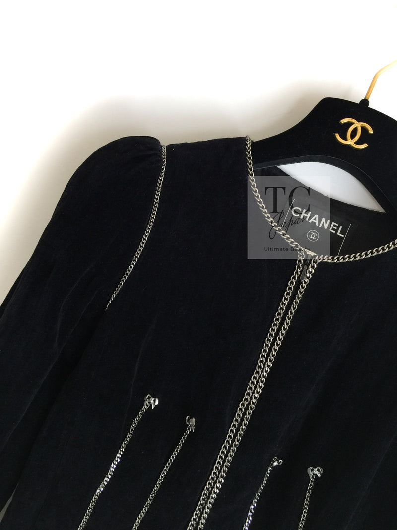 CHANEL 06PF Black Washed Velvet Silver Ribbon Trim Jacket 36 38 シャネル ブラック ベルベット リボン チェーン トリミング ジャケット 即発