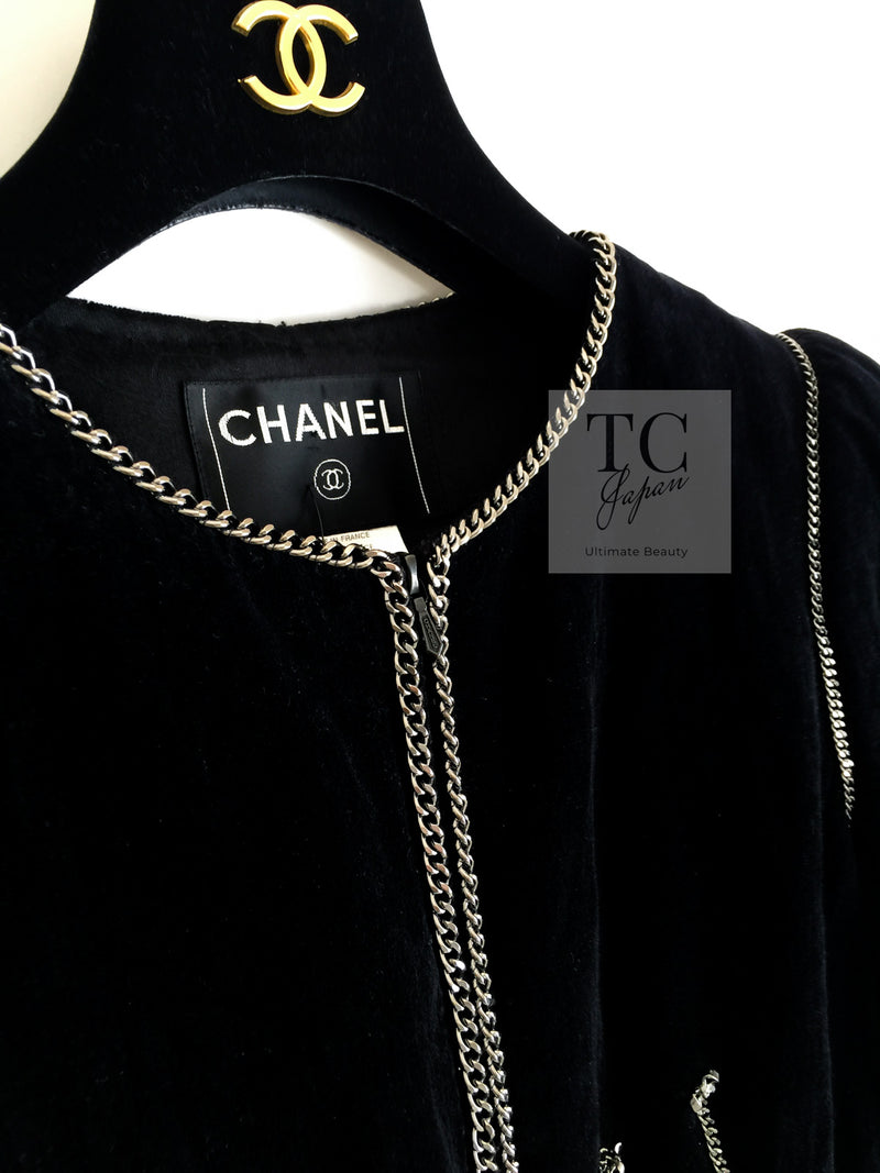 CHANEL 06PF Black Washed Velvet Silver Ribbon Trim Jacket 36 38 シャネル ブラック ベルベット リボン チェーン トリミング ジャケット 即発