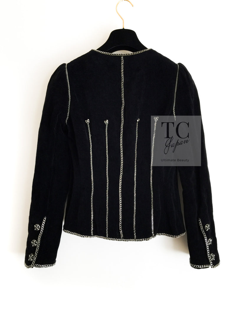 CHANEL 06PF Black Washed Velvet Silver Ribbon Trim Jacket 36 38 シャネル ブラック ベルベット リボン チェーン トリミング ジャケット 即発