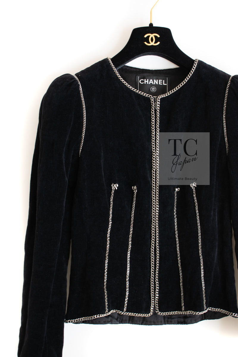 CHANEL 06PF Black Washed Velvet Silver Ribbon Trim Jacket 36 38 シャネル ブラック ベルベット リボン チェーン トリミング ジャケット 即発