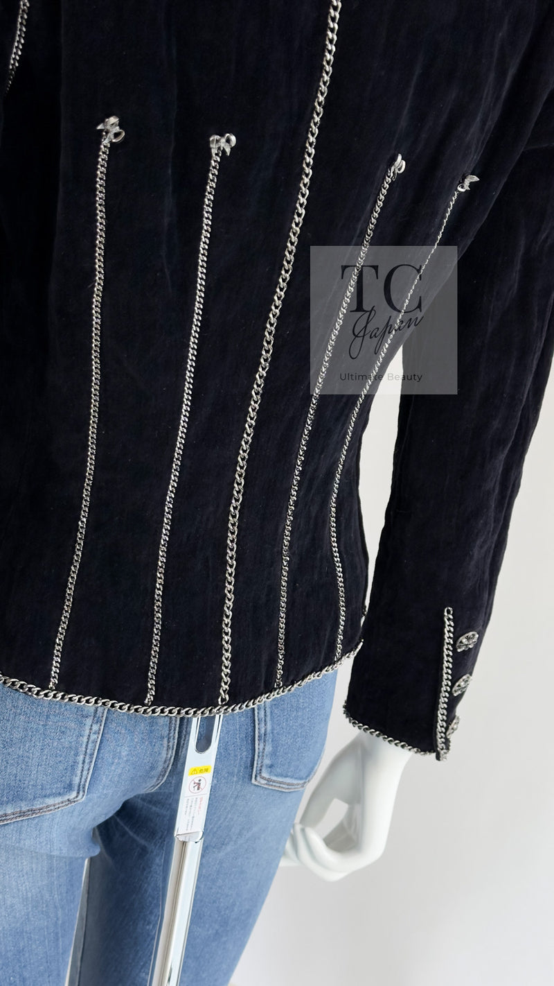 CHANEL 06PF Black Washed Velvet Silver Ribbon Trim Jacket 36 38 シャネル ブラック ベルベット リボン チェーン トリミング ジャケット 即発