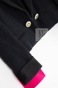 CHANEL 12PF Black Jeweled Gripoix Buttons Pink Cuffs Cotton Jacket 34 シャネル ブラック ジュエリー グリポア 宝石 ボタン ピンク カフス コットン ジャケット 即発