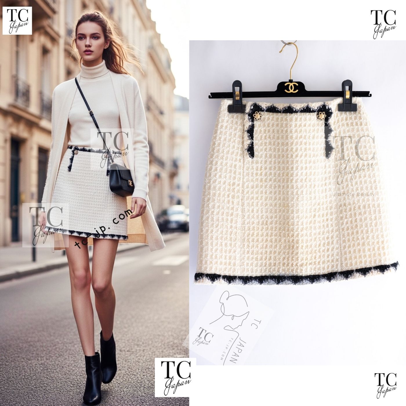 CHANEL 15PF Cream Black Wool Tweed Skirt 38 シャネル クリーム ブラック ウール ツイード スカート 即発