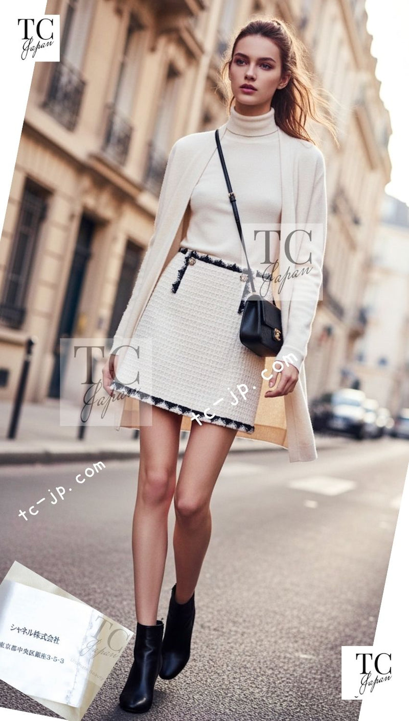 CHANEL 15PF Cream Black Wool Tweed Skirt 38 シャネル クリーム ブラック ウール ツイード スカート 即発