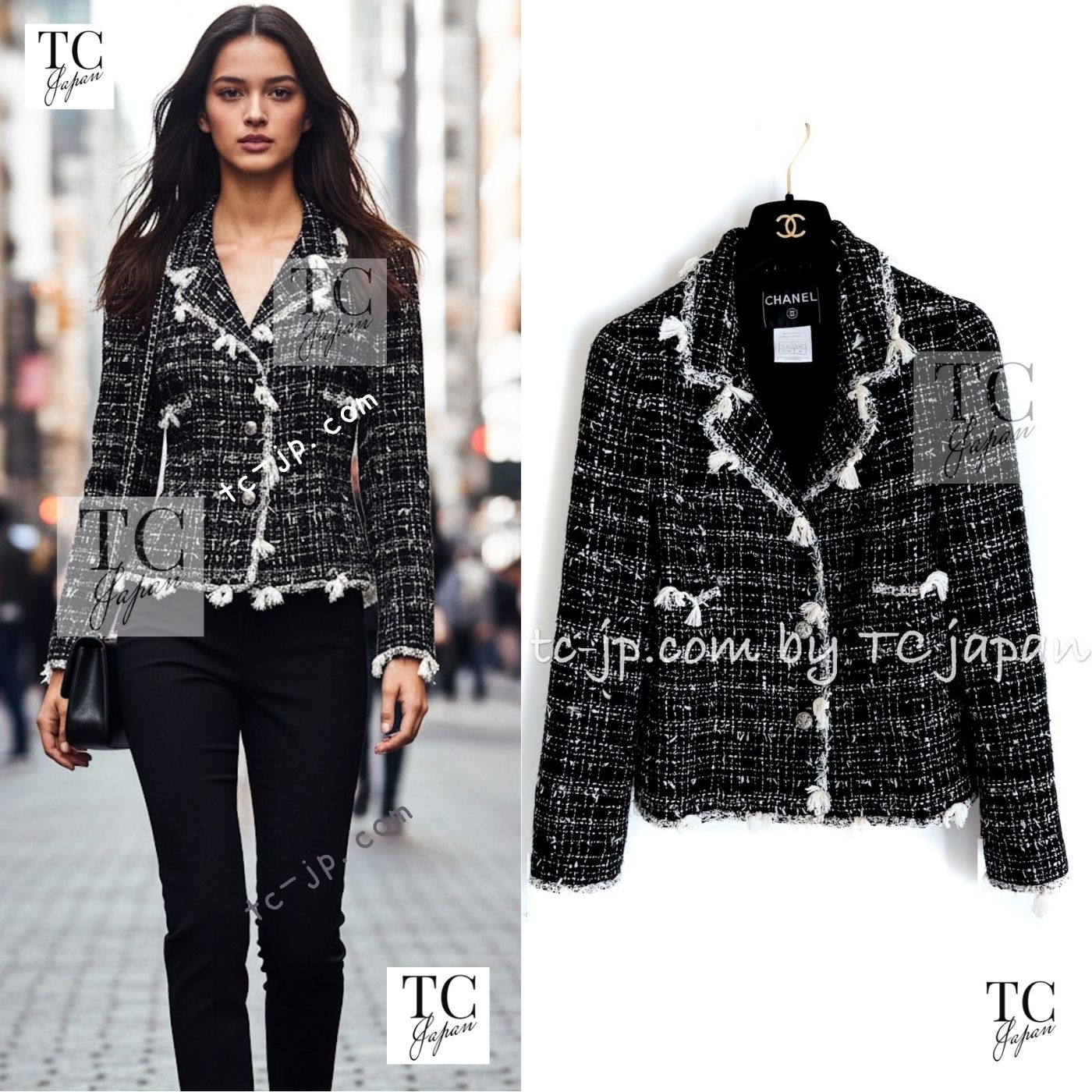 CHANEL 05C Black Creme Fringe Trimmed Tweed Jacket 36 38 シャネル ブラック クリーム フリンジトリミング ツイード ジャケット 即発