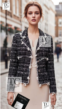 CHANEL 05C Black Creme Fringe Trimmed Tweed Jacket 36 38 シャネル ブラック クリーム フリンジトリミング ツイード ジャケット 即発