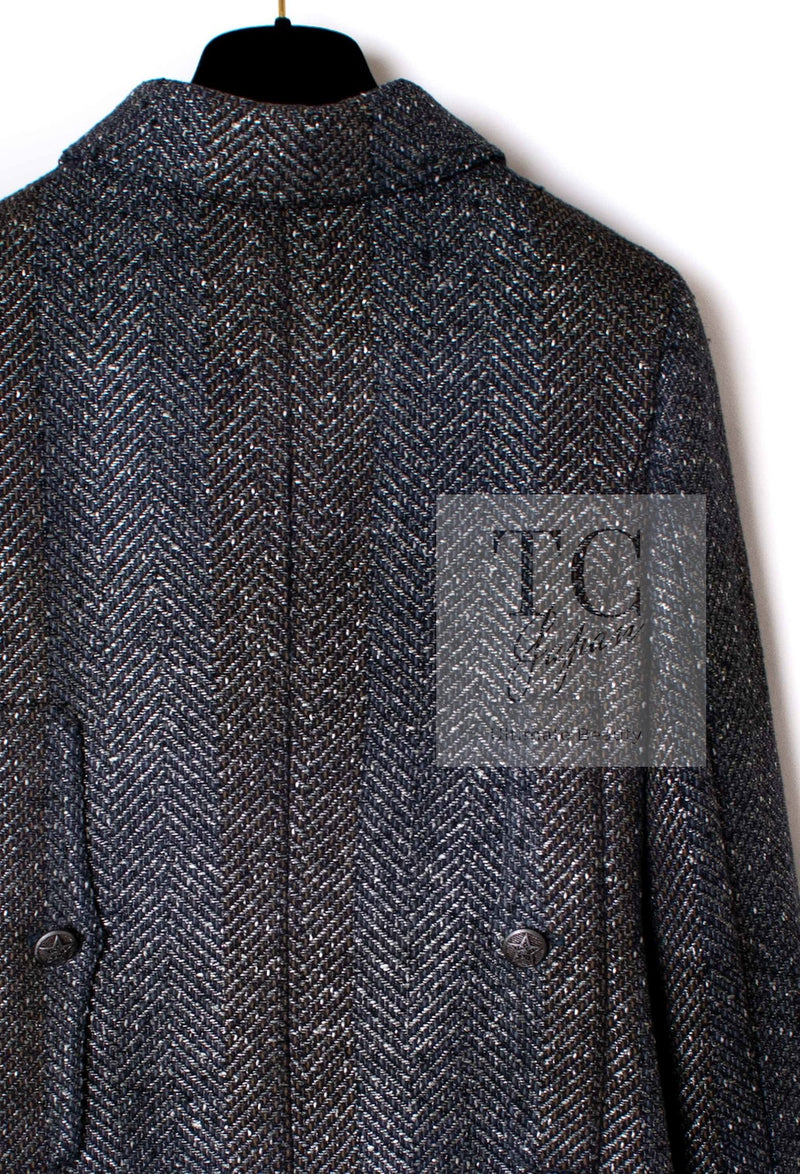 CHANEL 07PF Gray Silver Chevron Double Wool Tweed Jacket Coat 38 シャネル グレー シルバー シェブロン ダブル ウール ツイード ジャケット コート 即発