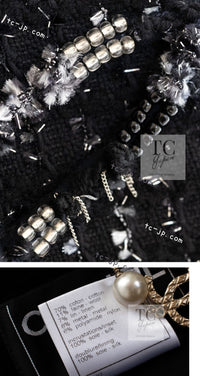 CHANEL 08C Black Beaded Chain Cotton Wool Tweed Jacket Skirt Suit 38 シャネル ブラック ビーズ チェーン コットン ウール ツイード ジャケット スカート スーツ 即発