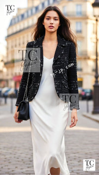 CHANEL Jacket 08C Black Beaded Chain Cotton Wool Tweed 42 シャネル ジャケット CHANEL ブラック ビーズ チェーン コットン ウール ツイード
