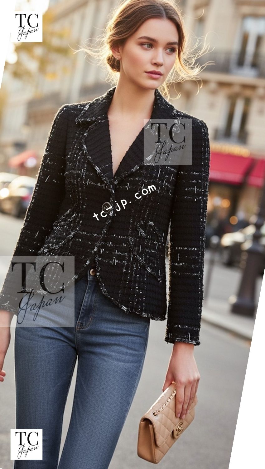 CHANEL Jacket 08C Black Beaded Chain Cotton Wool Tweed 42 シャネル ジャケット CHANEL ブラック ビーズ チェーン コットン ウール ツイード