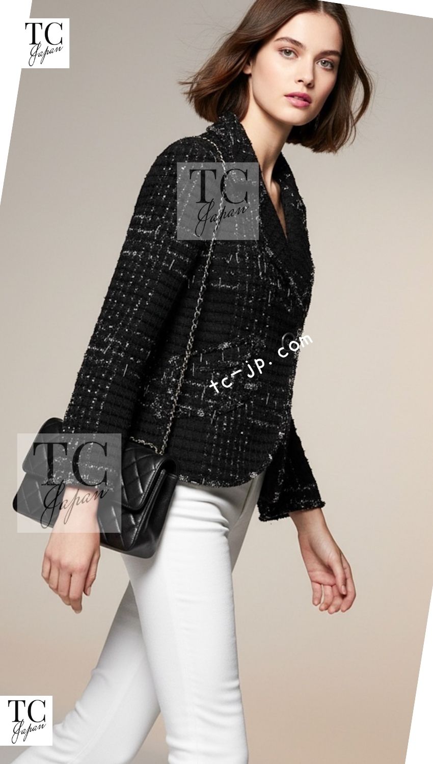 CHANEL Jacket 08C Black Beaded Chain Cotton Wool Tweed 42 シャネル ジャケット CHANEL ブラック ビーズ チェーン コットン ウール ツイード