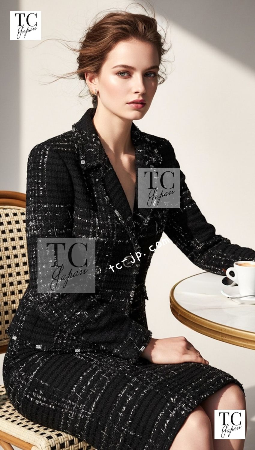 CHANEL Jacket 08C Black Beaded Chain Cotton Wool Tweed 42 シャネル ジャケット CHANEL ブラック ビーズ チェーン コットン ウール ツイード