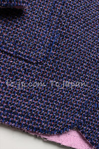 CHANEL 13S Indigo Navy Purple Pink Pearl Big CC Button Tweed Jacket Coat 38 シャネル インディゴ ネイビー パープル ピンク パール ビッグ CC ボタン ノーカラー ツイード ジャケット コート