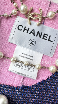 CHANEL 13S Indigo Navy Purple Pink Pearl Big CC Button Tweed Jacket Coat 38 シャネル インディゴ ネイビー パープル ピンク パール ビッグ CC ボタン ノーカラー ツイード ジャケット コート