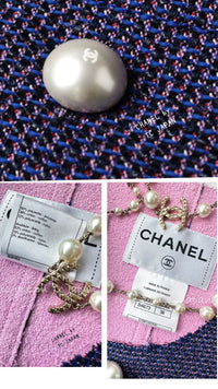 CHANEL 13S Indigo Navy Purple Pink Pearl Big CC Button Tweed Jacket Coat 38 シャネル インディゴ ネイビー パープル ピンク パール ビッグ CC ボタン ノーカラー ツイード ジャケット コート