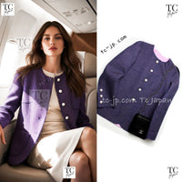 CHANEL 13S Indigo Navy Purple Pink Pearl Big CC Button Tweed Jacket Coat 38 シャネル インディゴ ネイビー パープル ピンク パール ビッグ CC ボタン ノーカラー ツイード ジャケット コート
