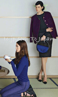 CHANEL 13S Indigo Navy Purple Pink Pearl Big CC Button Tweed Jacket Coat 38 シャネル インディゴ ネイビー パープル ピンク パール ビッグ CC ボタン ノーカラー ツイード ジャケット コート