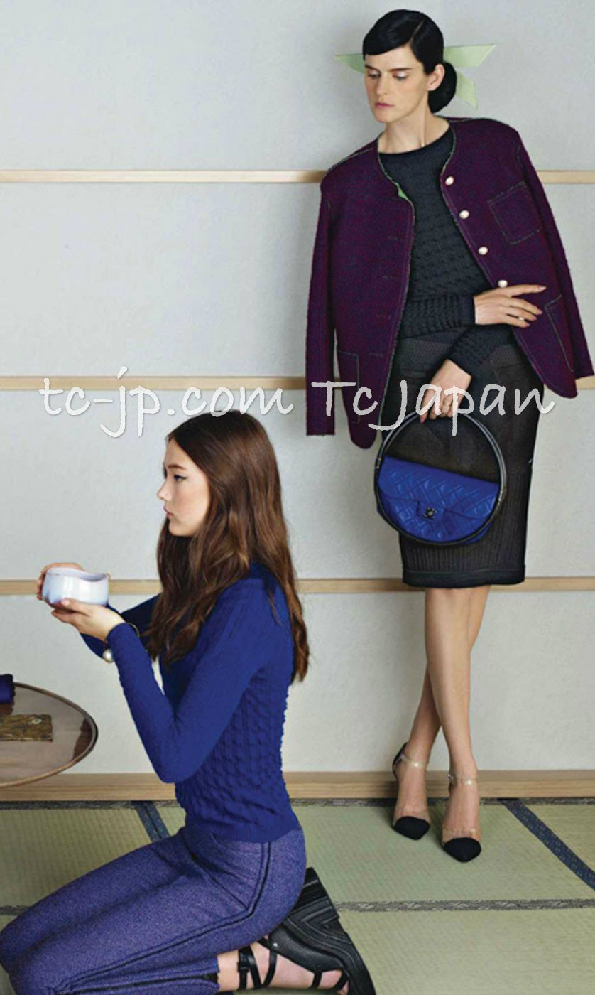 CHANEL 13S Indigo Navy Purple Pink Pearl Big CC Button Tweed Jacket Coat 38 シャネル インディゴ ネイビー パープル ピンク パール ビッグ CC ボタン ノーカラー ツイード ジャケット コート