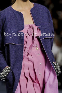 CHANEL 13S Indigo Navy Purple Pink Pearl Big CC Button Tweed Jacket Coat 38 シャネル インディゴ ネイビー パープル ピンク パール ビッグ CC ボタン ノーカラー ツイード ジャケット コート - TC JAPAN