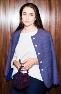 CHANEL 13S Indigo Navy Purple Pink Pearl Big CC Button Tweed Jacket Coat 38 シャネル インディゴ ネイビー パープル ピンク パール ビッグ CC ボタン ノーカラー ツイード ジャケット コート - TC JAPAN