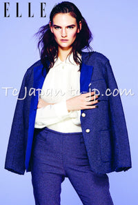 CHANEL 13S Indigo Navy Purple Pink Pearl Big CC Button Tweed Jacket Coat 38 シャネル インディゴ ネイビー パープル ピンク パール ビッグ CC ボタン ノーカラー ツイード ジャケット コート - TC JAPAN