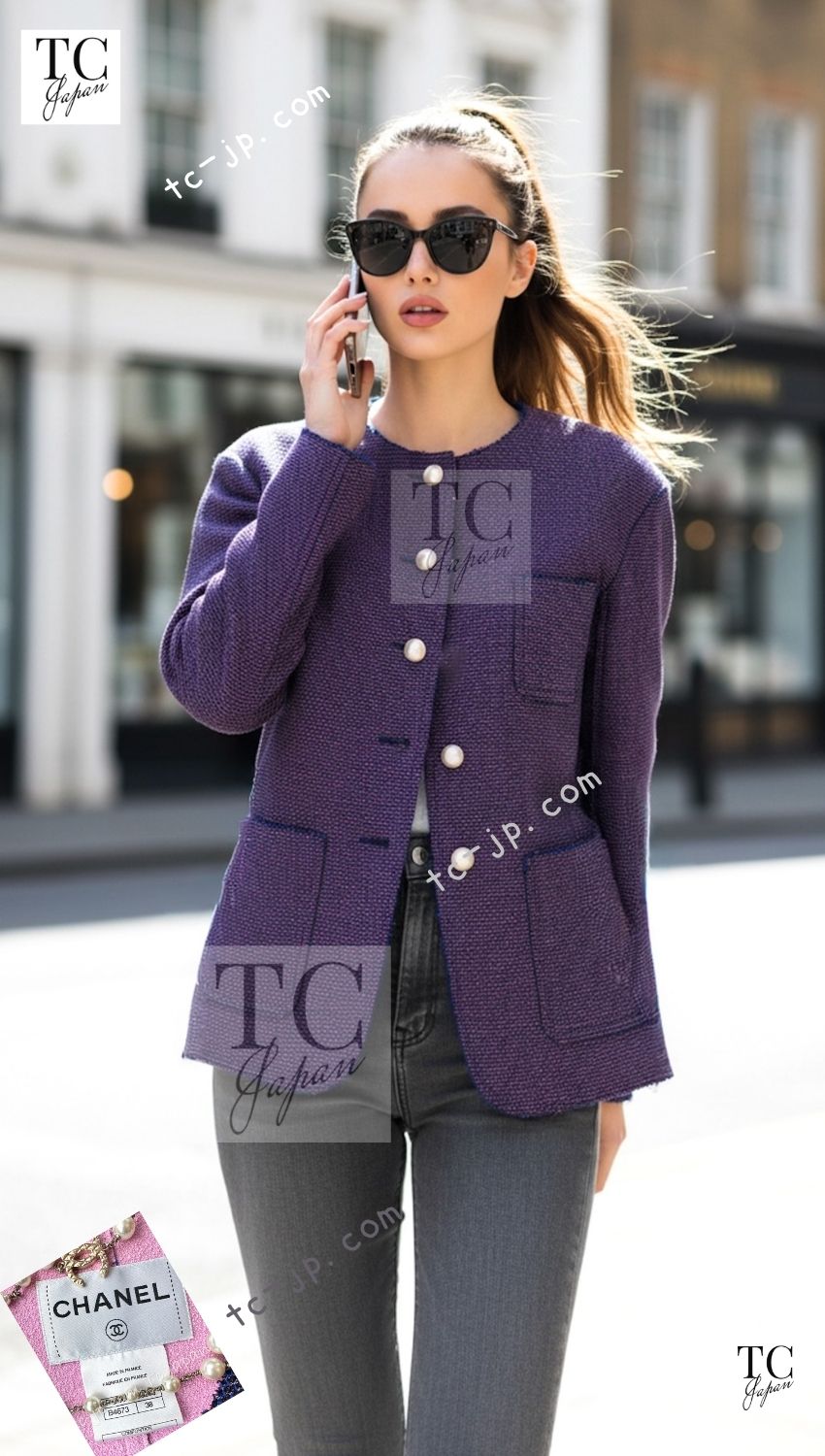 CHANEL 13S Indigo Navy Purple Pink Pearl Big CC Button Tweed Jacket Coat 38 シャネル インディゴ ネイビー パープル ピンク パール ビッグ CC ボタン ノーカラー ツイード ジャケット コート