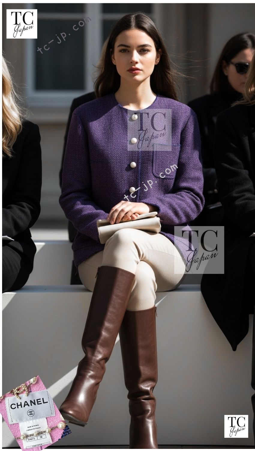 CHANEL 13S Indigo Navy Purple Pink Pearl Big CC Button Tweed Jacket Coat 38 シャネル インディゴ ネイビー パープル ピンク パール ビッグ CC ボタン ノーカラー ツイード ジャケット コート