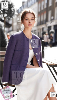 CHANEL 13S Indigo Navy Purple Pink Pearl Big CC Button Tweed Jacket Coat 38 シャネル インディゴ ネイビー パープル ピンク パール ビッグ CC ボタン ノーカラー ツイード ジャケット コート