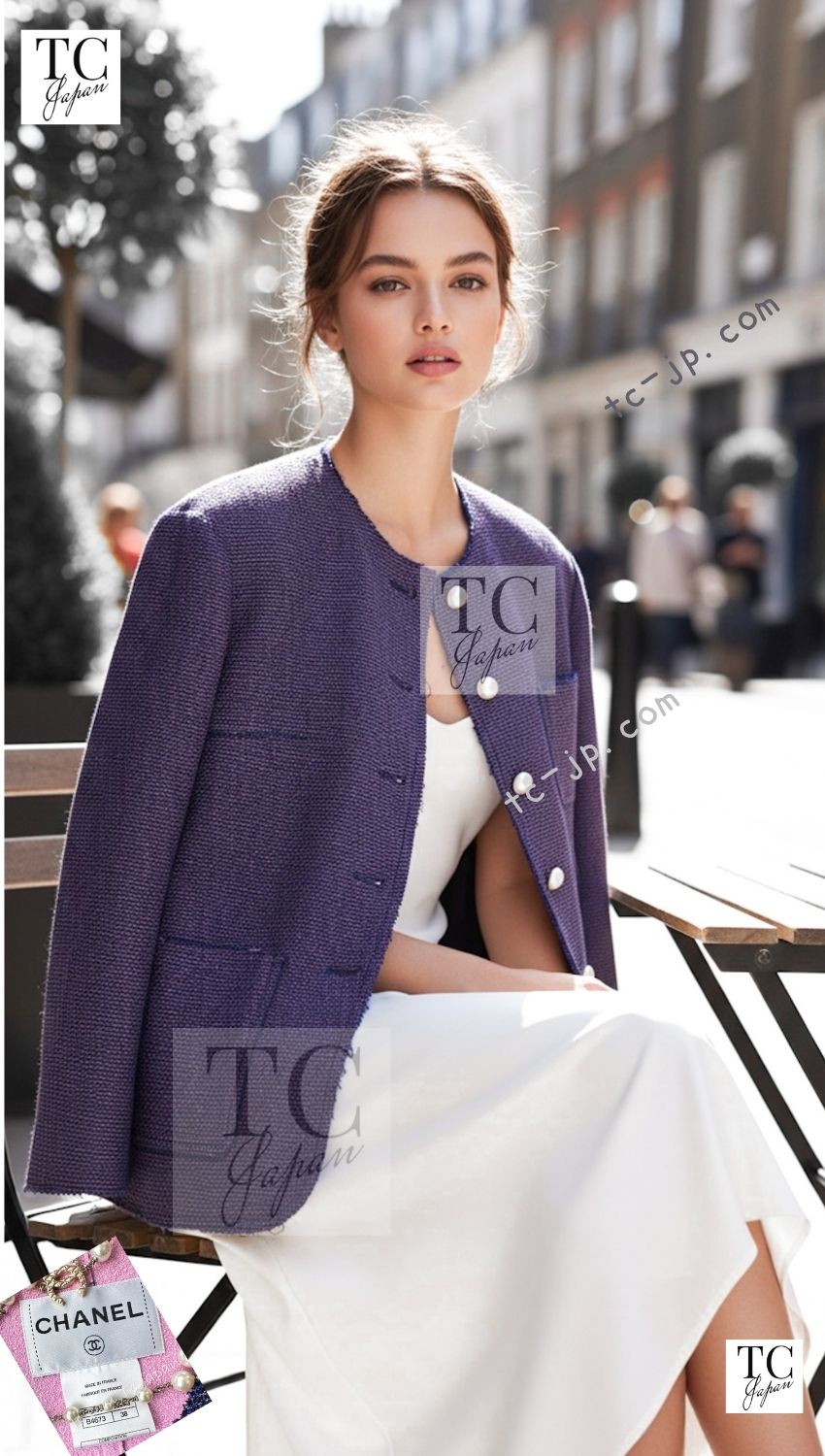 CHANEL 13S Indigo Navy Purple Pink Pearl Big CC Button Tweed Jacket Coat 38 シャネル インディゴ ネイビー パープル ピンク パール ビッグ CC ボタン ノーカラー ツイード ジャケット コート